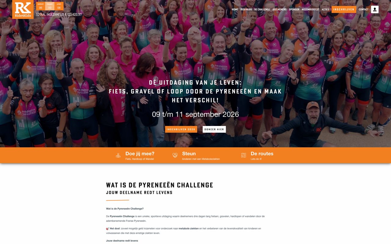 Schermafbeelding van ride4kids.nl: Homepage en inschrijving